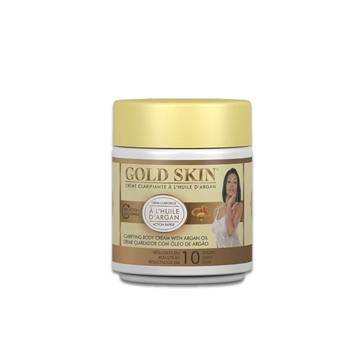 Gold Skin cream jar with gold lid on a white background