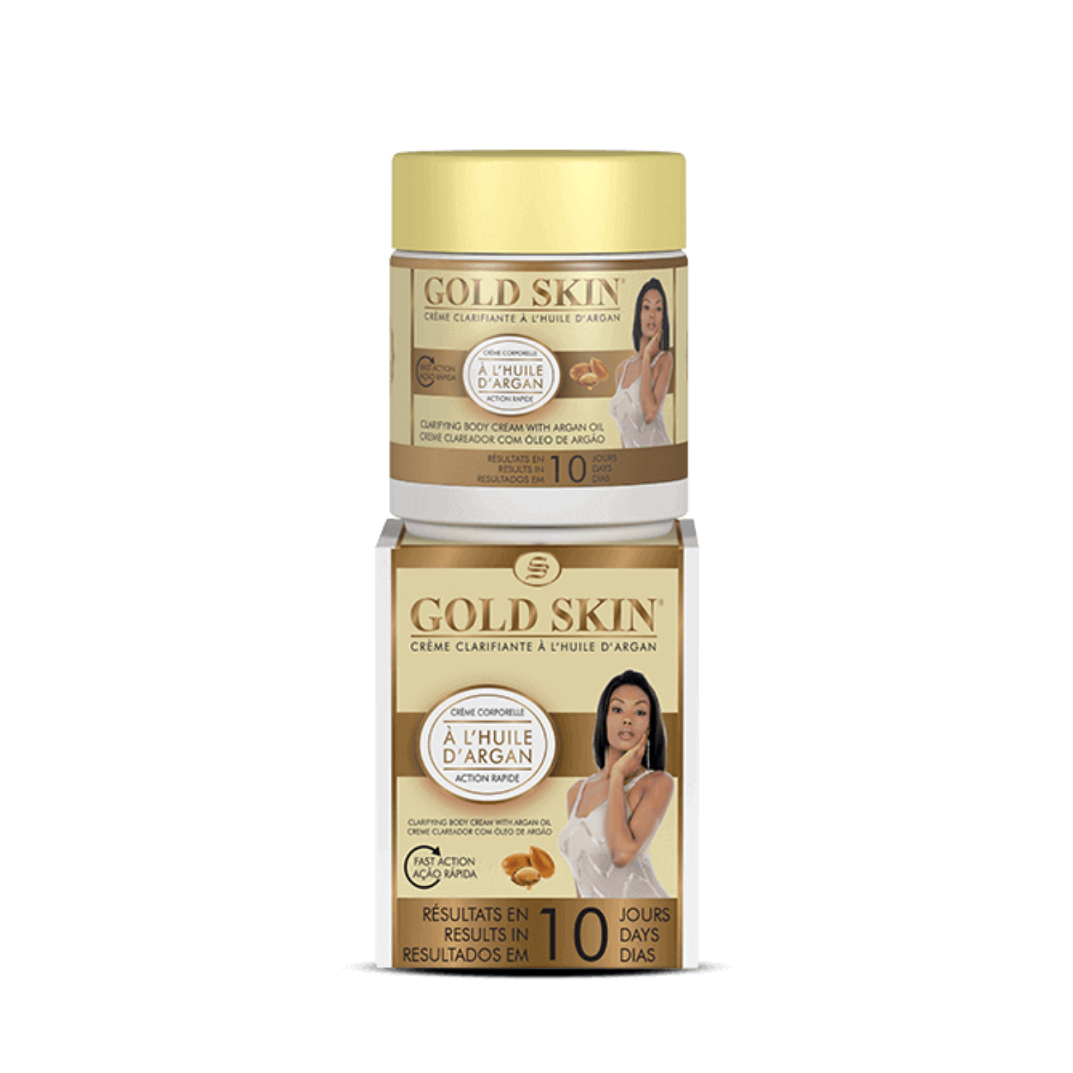Gold Skin cream packaging with a woman's face on a white background