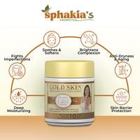 Sphakia's Gold Skin cream jar with benefits on a gradient background