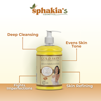 Sphakia's Gold Skin shower gel bottle with features on a beige background