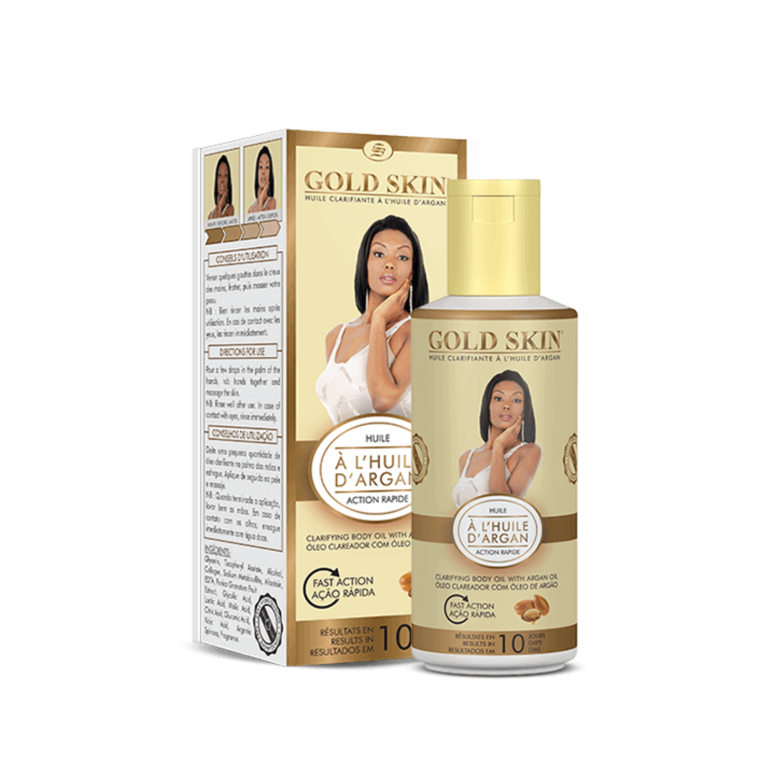 Gold Skin bottle and packaging on a white background
