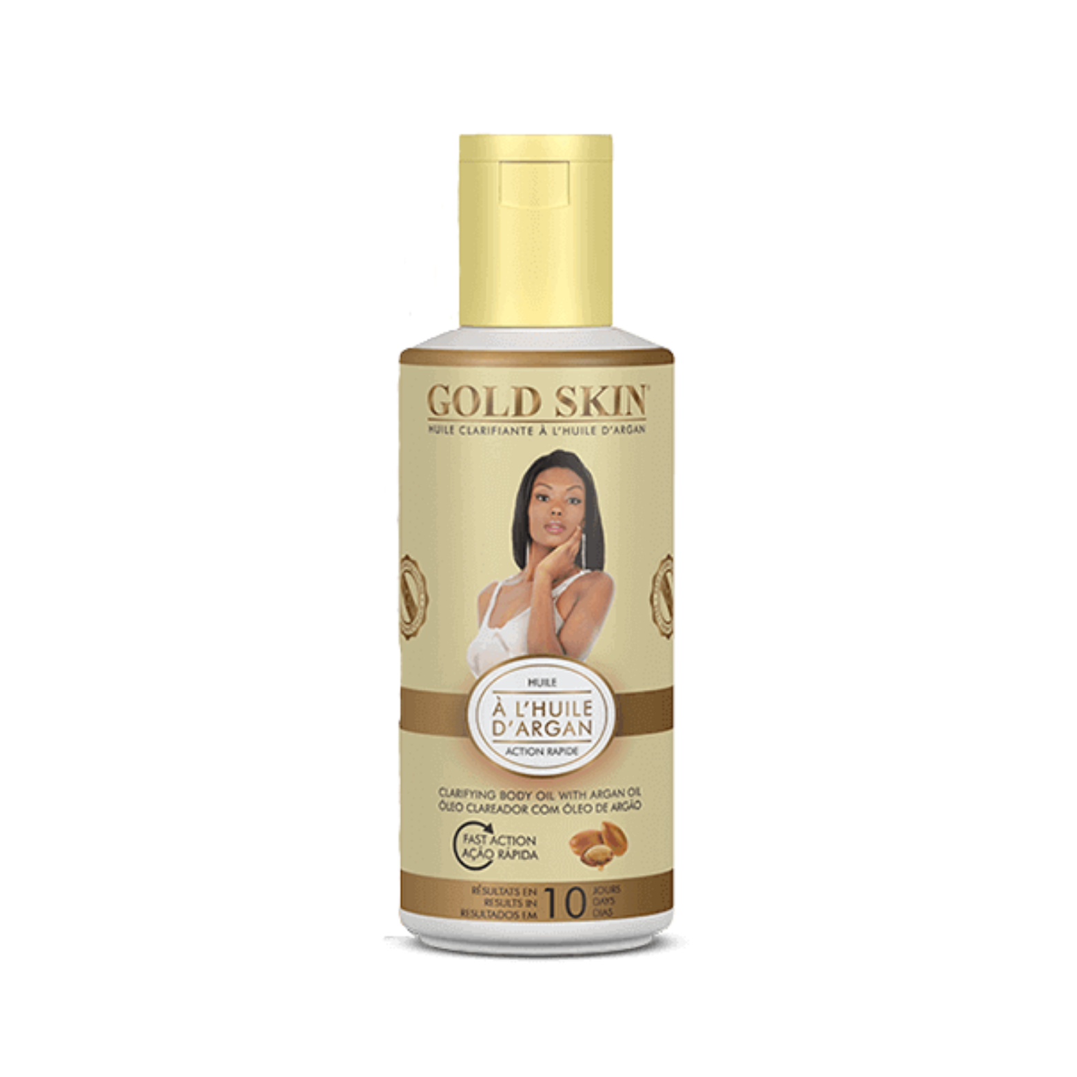 Gold Skin body oil bottle with a woman's face on the label against a white background