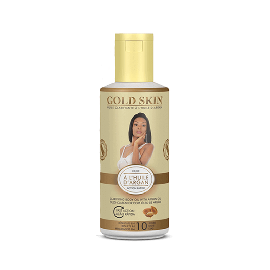 Gold Skin body oil bottle with a woman's face on the label against a white background