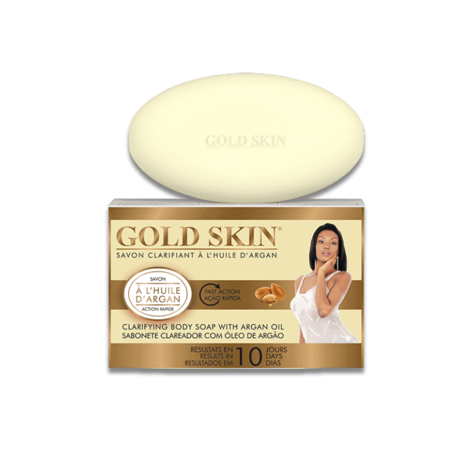 Gold Skin clarifying body soap with packaging on a white background