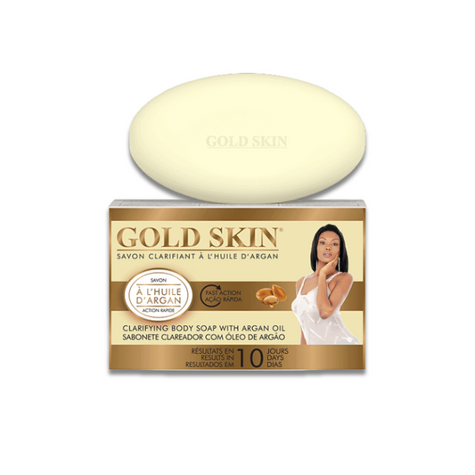 Gold Skin clarifying body soap with packaging on a white background