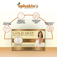 Sphakia's Gold Skin soap packaging with product features on a beige background