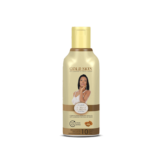 Gold Skin body lotion bottle with a woman's face on the label against a white background