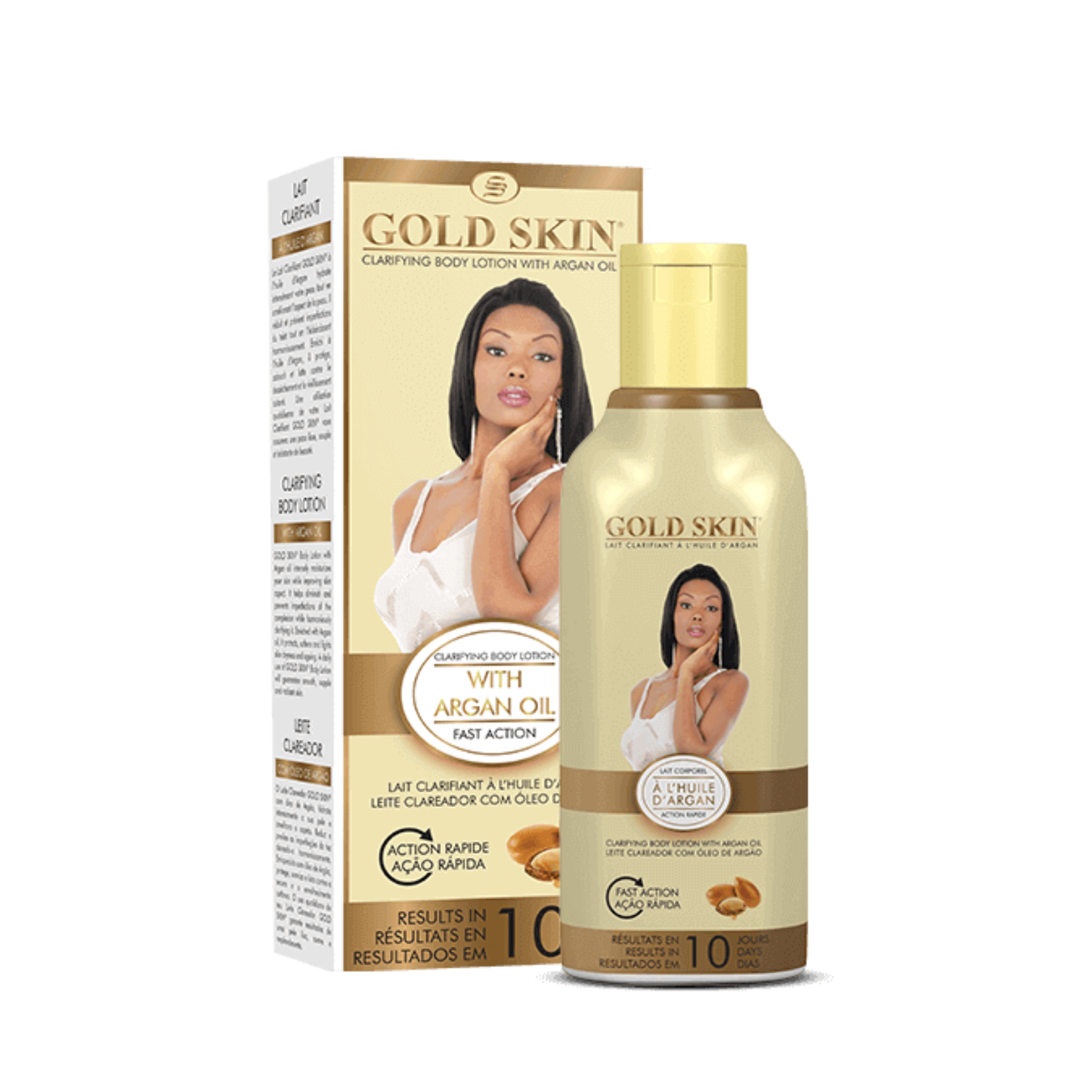 Gold Skin body lotion with packaging on a white background